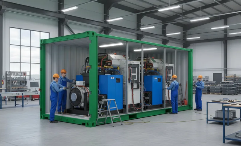 BSE - kontener przemysłowy z generatorami w hali produkcyjnej