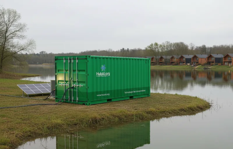 BSE - kontener off-grid z panelami fotowoltaicznymi nad jeziorem